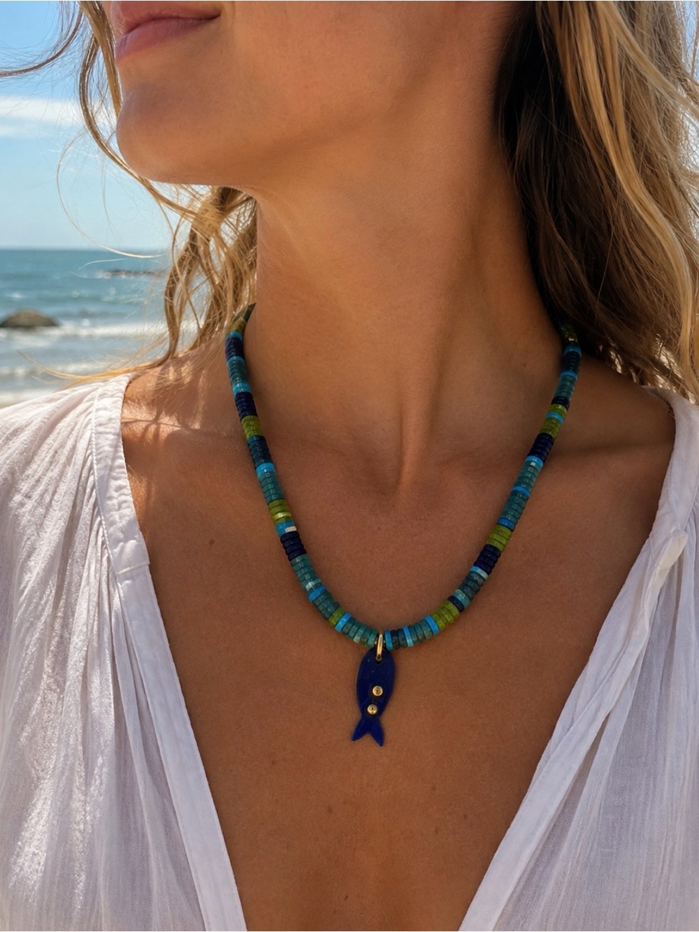 Lizzie Fortunato Agosto Augusto High Tide Necklace with Fish -Blue & Green beade